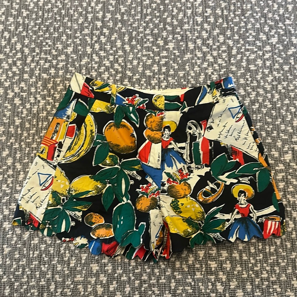 J. Crew Multicolor Fruit & Figure Print Scalloped Hem Shorts